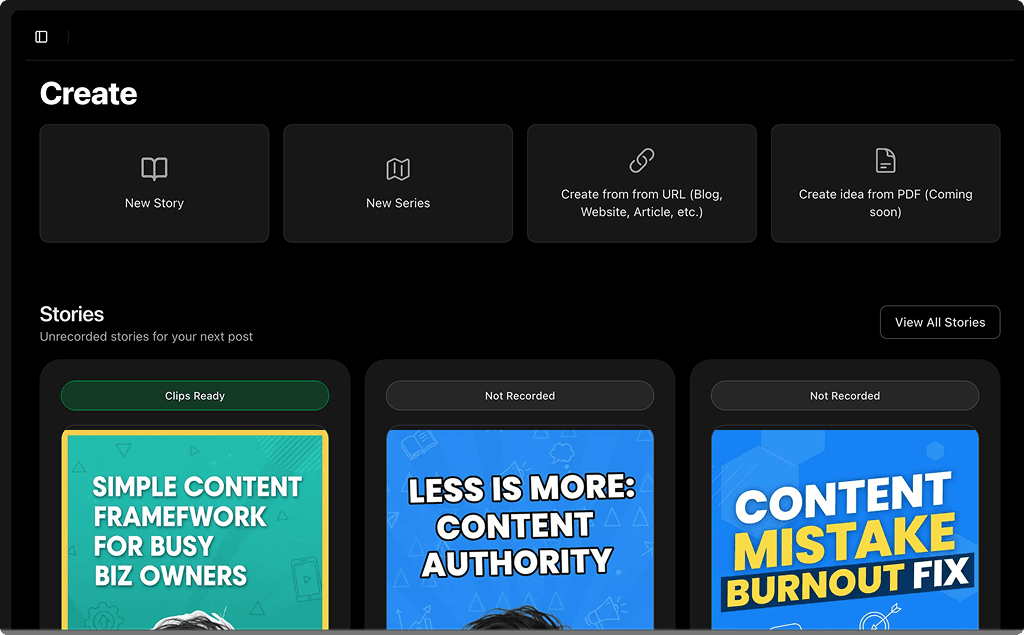 Storytime content ideation dashboard showing AI-generated topics and content calendar