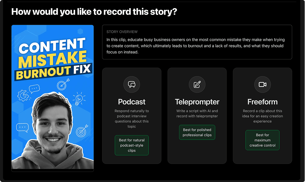 Storytime recording interface showing podcast, teleprompter, and freeform modes